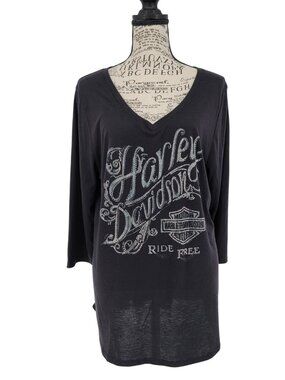 Harley-Davidson Black Rhinestone Tunic Shirt Est Size 1X Ride Free 3/4 Sleeve